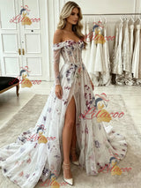 White Tulle Long Sleve Split Prom Dress
