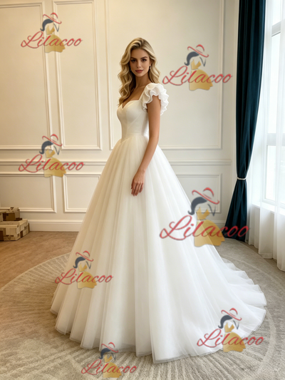 White Tulle Straps Wedding Dress