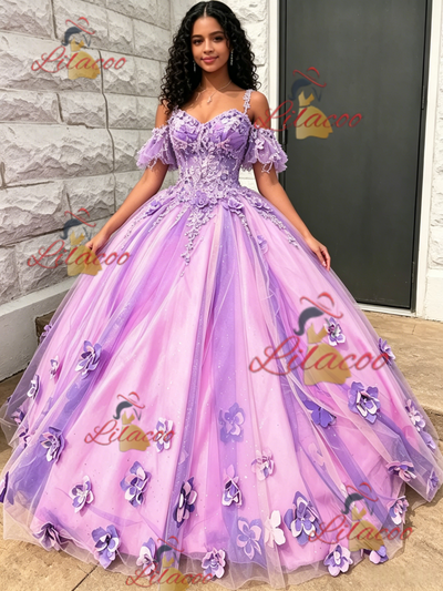 Purple Tulle Straps 3D Flower Quinceanera Dress