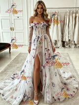 White Tulle Long Sleve Split Prom Dress