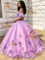 Purple Tulle Straps 3D Flower Quinceanera Dress