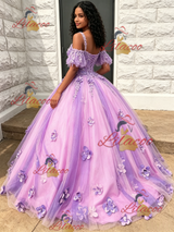 Purple Tulle Straps 3D Flower Quinceanera Dress