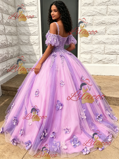 Purple Tulle Straps 3D Flower Quinceanera Dress