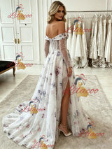 White Tulle Long Sleve Split Prom Dress