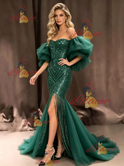 Green Mermaid Sequins Beading Prom Dress