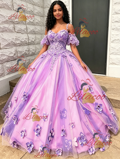 Purple Tulle Straps 3D Flower Quinceanera Dress