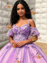 Purple Tulle Straps 3D Flower Quinceanera Dress
