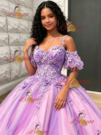 Purple Tulle Straps 3D Flower Quinceanera Dress
