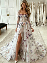 White Tulle Long Sleeve Prom Dress