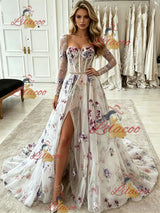 White Tulle Long Sleeve Prom Dress