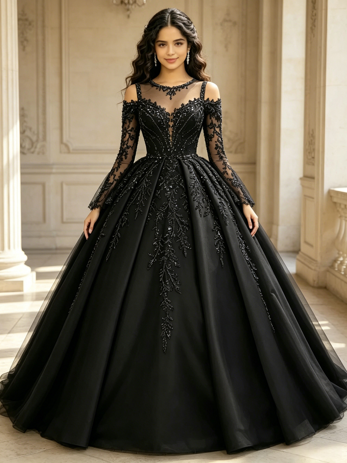 Black Tulle Long Sleeve Appliques Quinceanera Dress