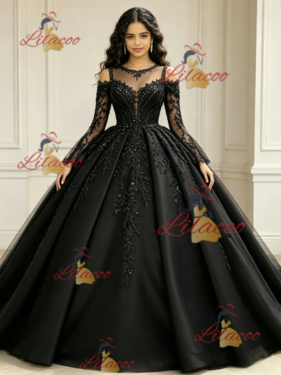 Black Tulle Long Sleeve Appliques Quinceanera Dress