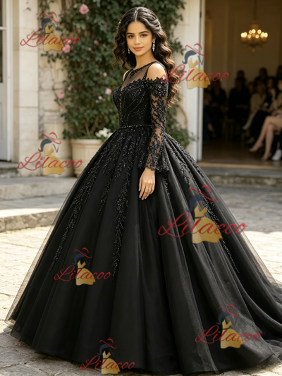 Black Tulle Long Sleeve Appliques Quinceanera Dress