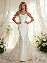 Ivory Mermaid Satin Tulle Flower Wedding Dress