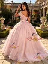 Pink Tulle Off the Shoulder Appliques Quinceanera Dress