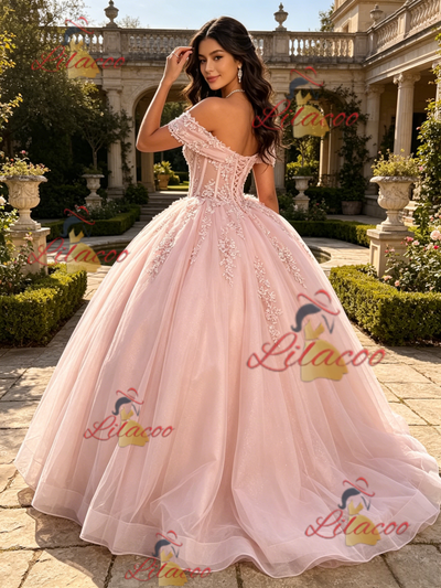 Pink Tulle Off the Shoulder Appliques Quinceanera Dress