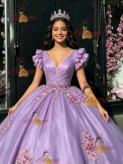 Purple Tulle V-neck Appliques Quinceanera Dress