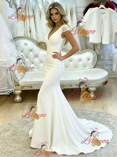White Mermaid V-neck Lace Wedding Dress