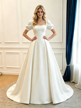 Beige White Satin Puff Sleeve Wedding Dress