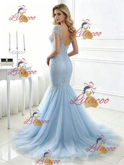 Blue Mermaid Tulle Lace Prom Dress