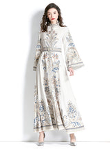 Retro Printed Round Neck Flared Sleeve Dress