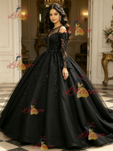 Black Tulle Long Sleeve Appliques Quinceanera Dress