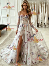 White Tulle Long Sleeve Prom Dress