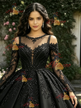 Black Tulle Long Sleeve Appliques Quinceanera Dress
