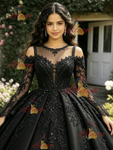 Black Tulle Long Sleeve Appliques Quinceanera Dress
