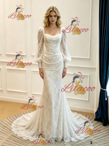 White Mermaid Long Sleeve Pleats Wedidng Dress