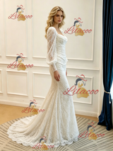 White Mermaid Long Sleeve Pleats Wedidng Dress