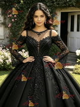 Black Tulle Long Sleeve Appliques Quinceanera Dress