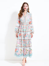 Retro Printed V-neck Button Dress