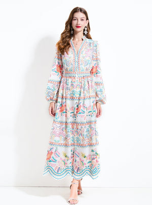 Retro Printed V-neck Button Dress