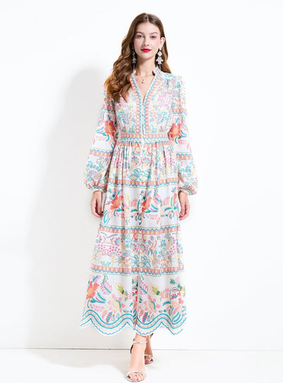 Retro Printed V-neck Button Dress