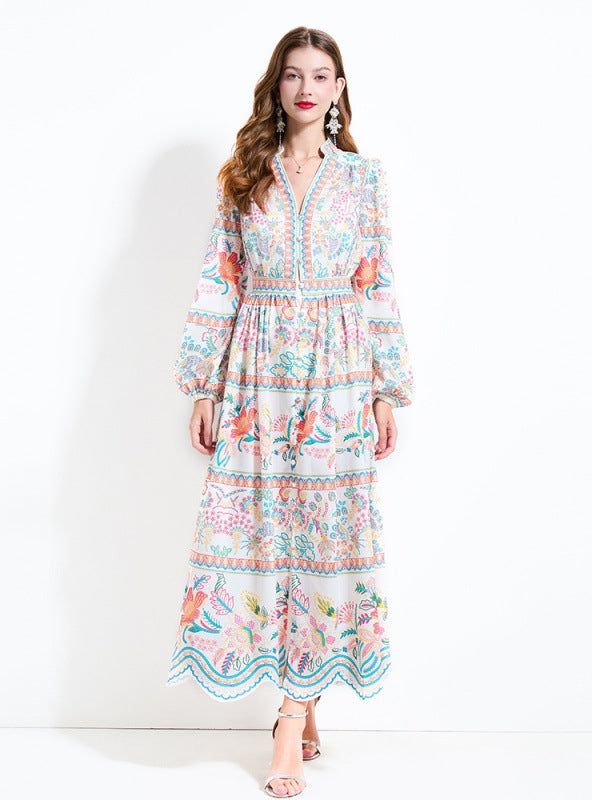 Retro Printed V-neck Button Dress