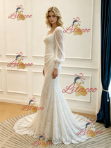 White Mermaid Long Sleeve Pleats Wedidng Dress