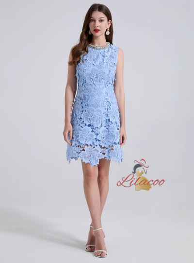 Retro Blue Diamond Lace Short Dress