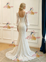 White Mermaid Long Sleeve Pleats Wedidng Dress