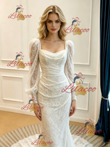 White Mermaid Long Sleeve Pleats Wedidng Dress