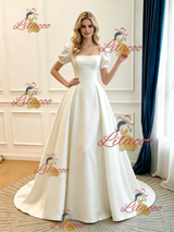 Beige White Satin Puff Sleeve Wedding Dress