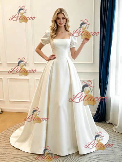 Beige White Satin Puff Sleeve Wedding Dress