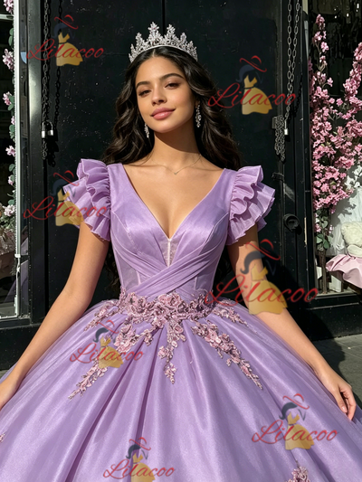 Purple Tulle V-neck Appliques Quinceanera Dress