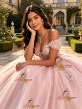 Pink Tulle Off the Shoulder Appliques Quinceanera Dress