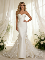 Ivory Mermaid Satin Tulle Flower Wedding Dress