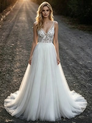 White Tulle Lace V-neck Wedding Dress