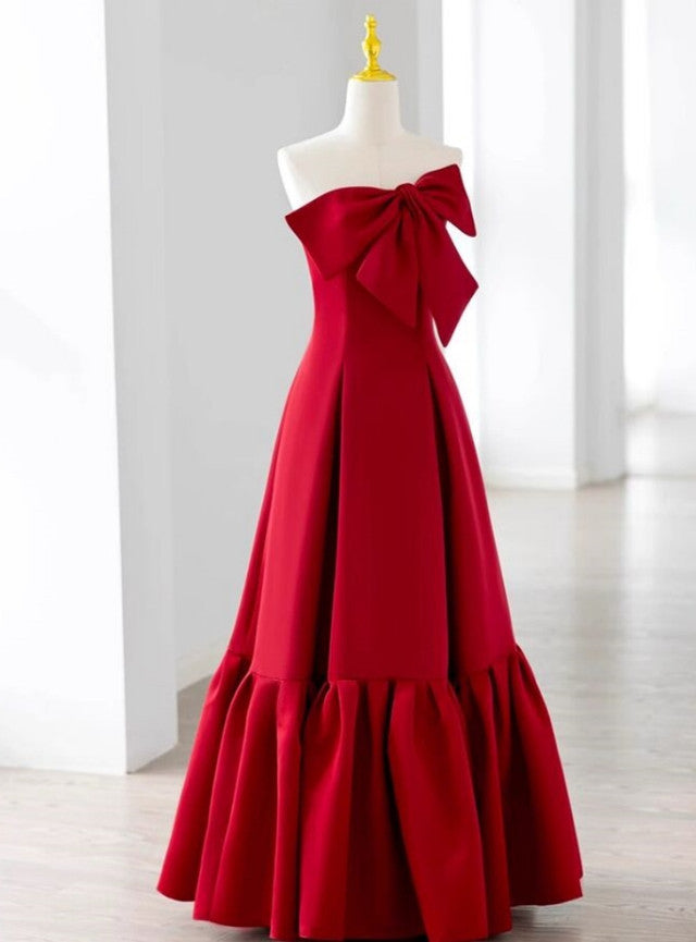 Burgundy Strapless Bow Prom Dress
