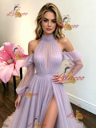 Purple Tulle High Neck Long Sleeve Prom Dress