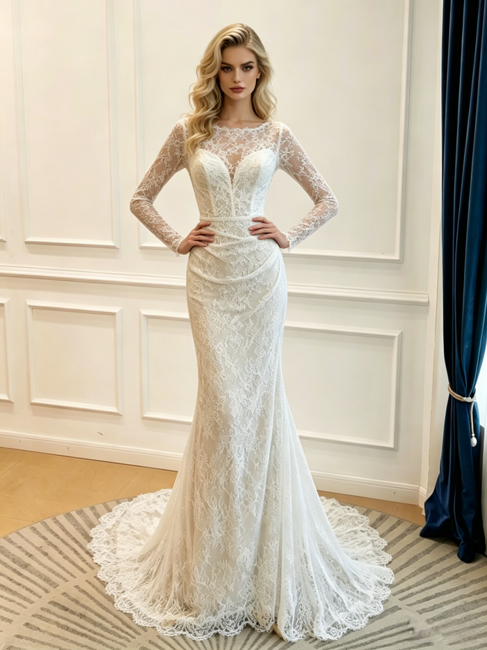 White Mermaid Lace Long Sleeve Wedding Dress