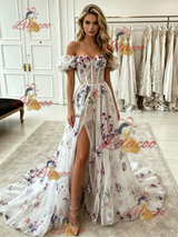 White Tulle Print Off the Shoulder Prom Dress
